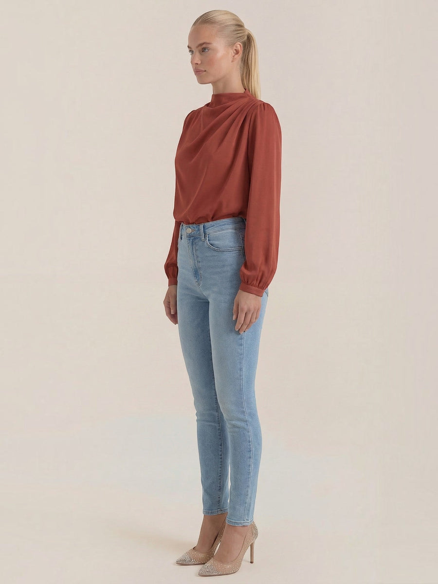 Marcia Draped Stand Collar Puff Sleeve Blouse