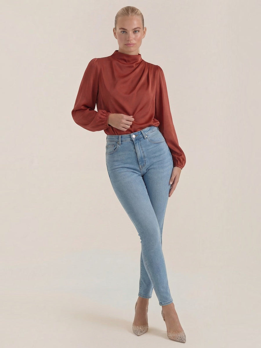 Marcia Draped Stand Collar Puff Sleeve Blouse