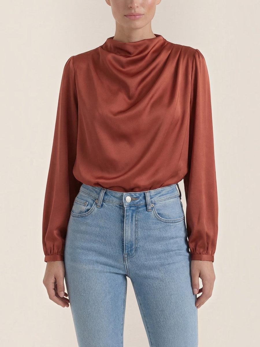 Marcia Draped Stand Collar Puff Sleeve Blouse