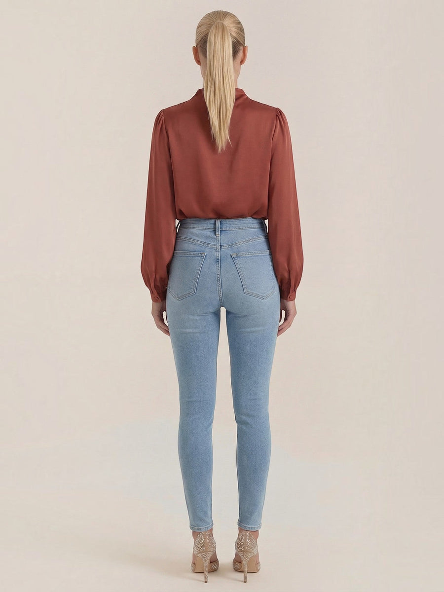 Marcia Draped Stand Collar Puff Sleeve Blouse