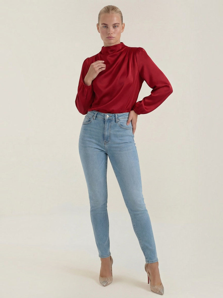 Marcia Draped Stand Collar Puff Sleeve Blouse