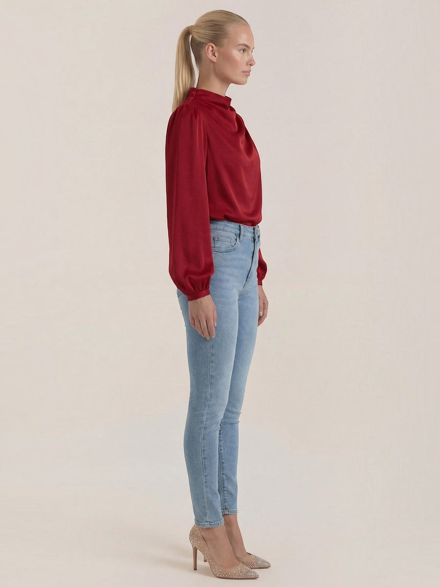 Marcia Draped Stand Collar Puff Sleeve Blouse