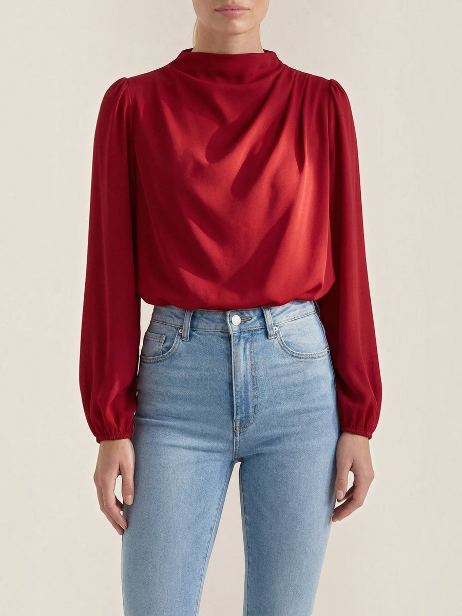 Marcia Draped Stand Collar Puff Sleeve Blouse