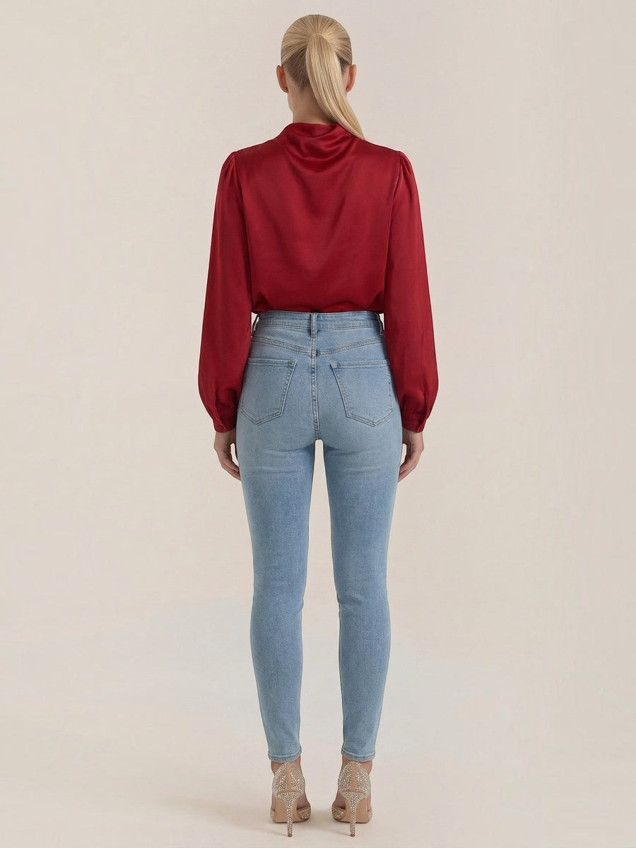 Marcia Draped Stand Collar Puff Sleeve Blouse