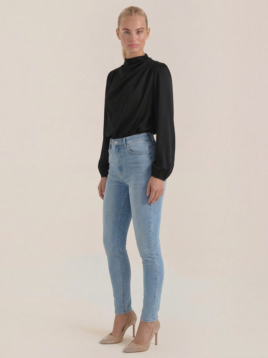 Marcia Draped Stand Collar Puff Sleeve Blouse