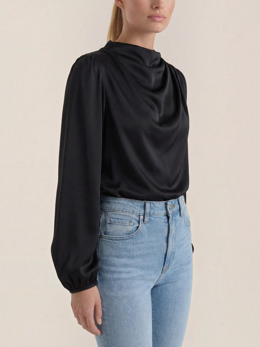 Marcia Draped Stand Collar Puff Sleeve Blouse