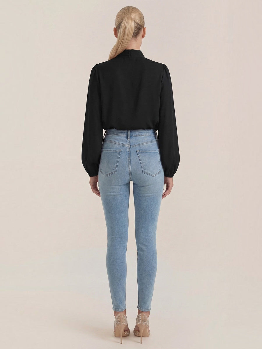 Marcia Draped Stand Collar Puff Sleeve Blouse