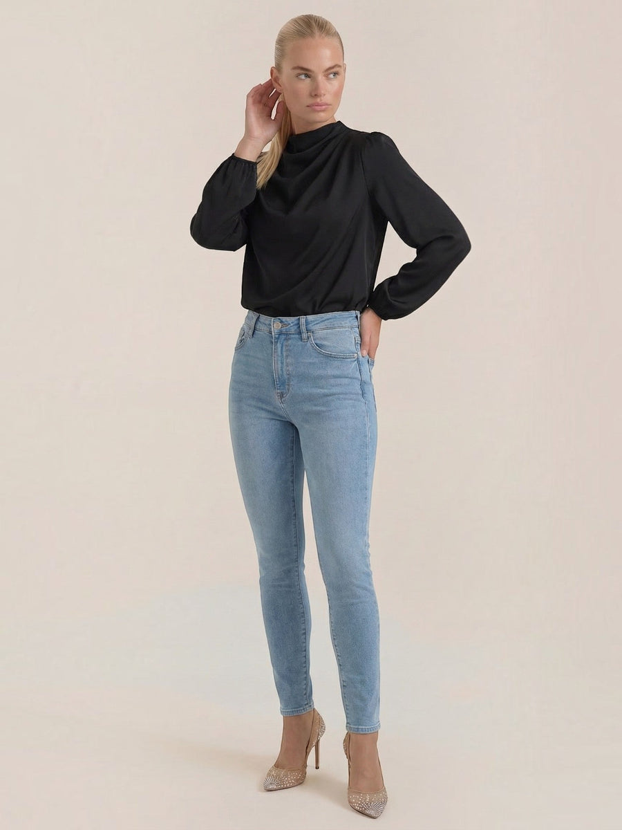 Marcia Draped Stand Collar Puff Sleeve Blouse