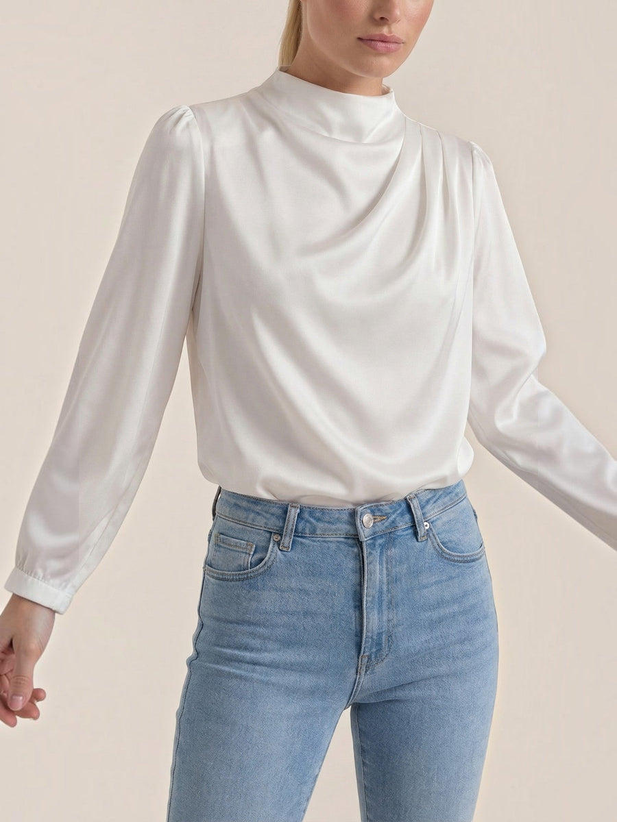 Marcia Draped Stand Collar Puff Sleeve Blouse