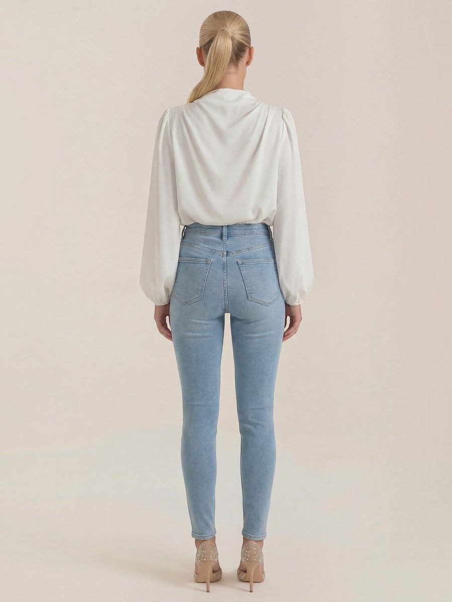 Marcia Draped Stand Collar Puff Sleeve Blouse