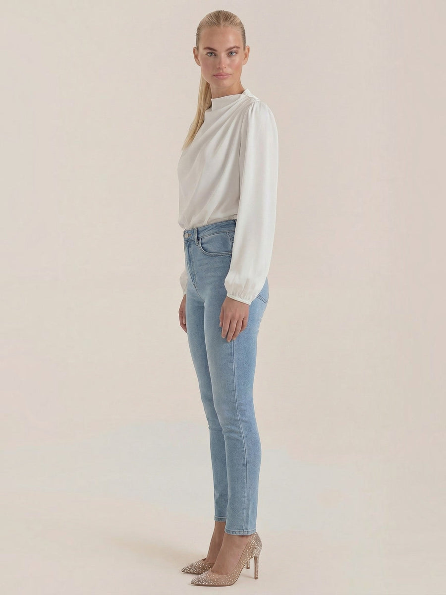 Marcia Draped Stand Collar Puff Sleeve Blouse
