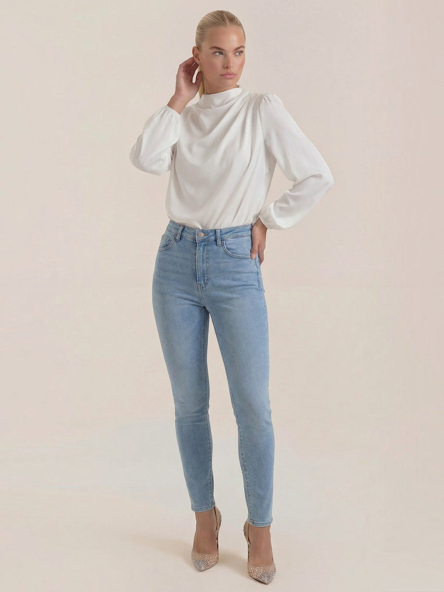 Marcia Draped Stand Collar Puff Sleeve Blouse