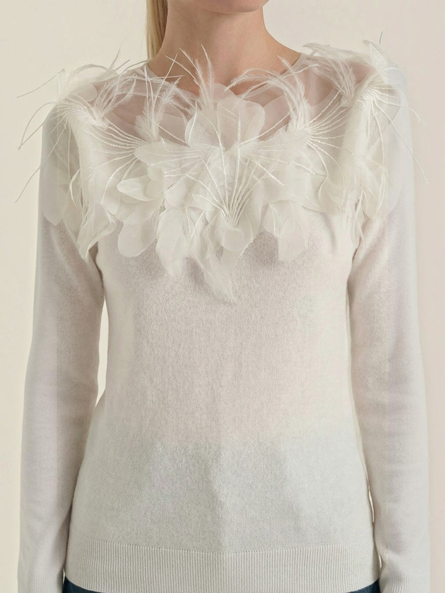Marguerite Feather Trim Knit Sweater