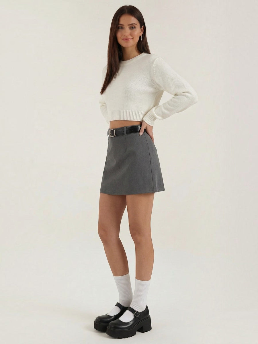 Michele High Waisted Belted A Line Mini Skirt
