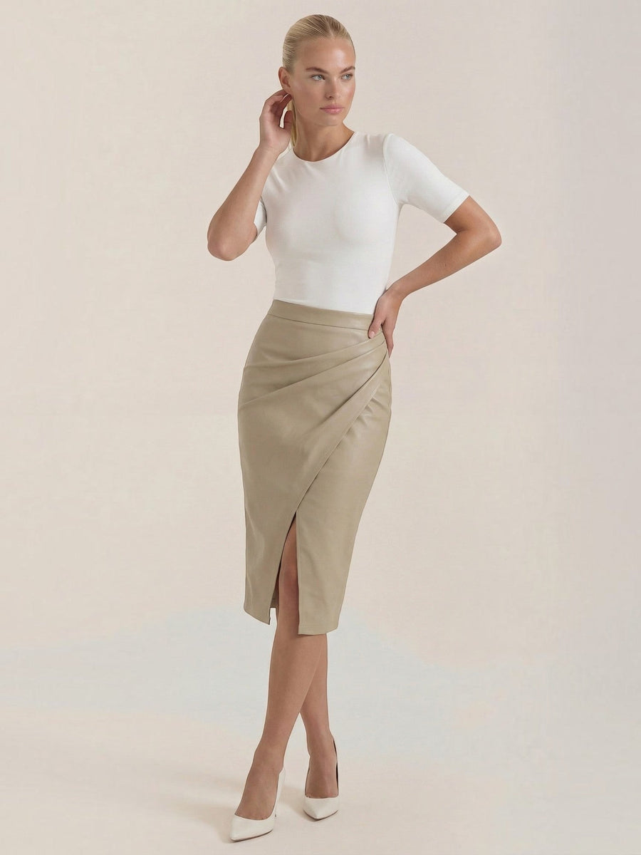 Natalie Faux Leather Wrap Midi Skirt