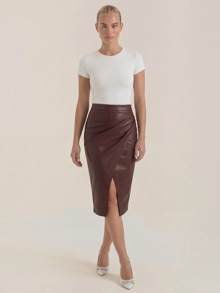 Natalie Faux Leather Wrap Midi Skirt