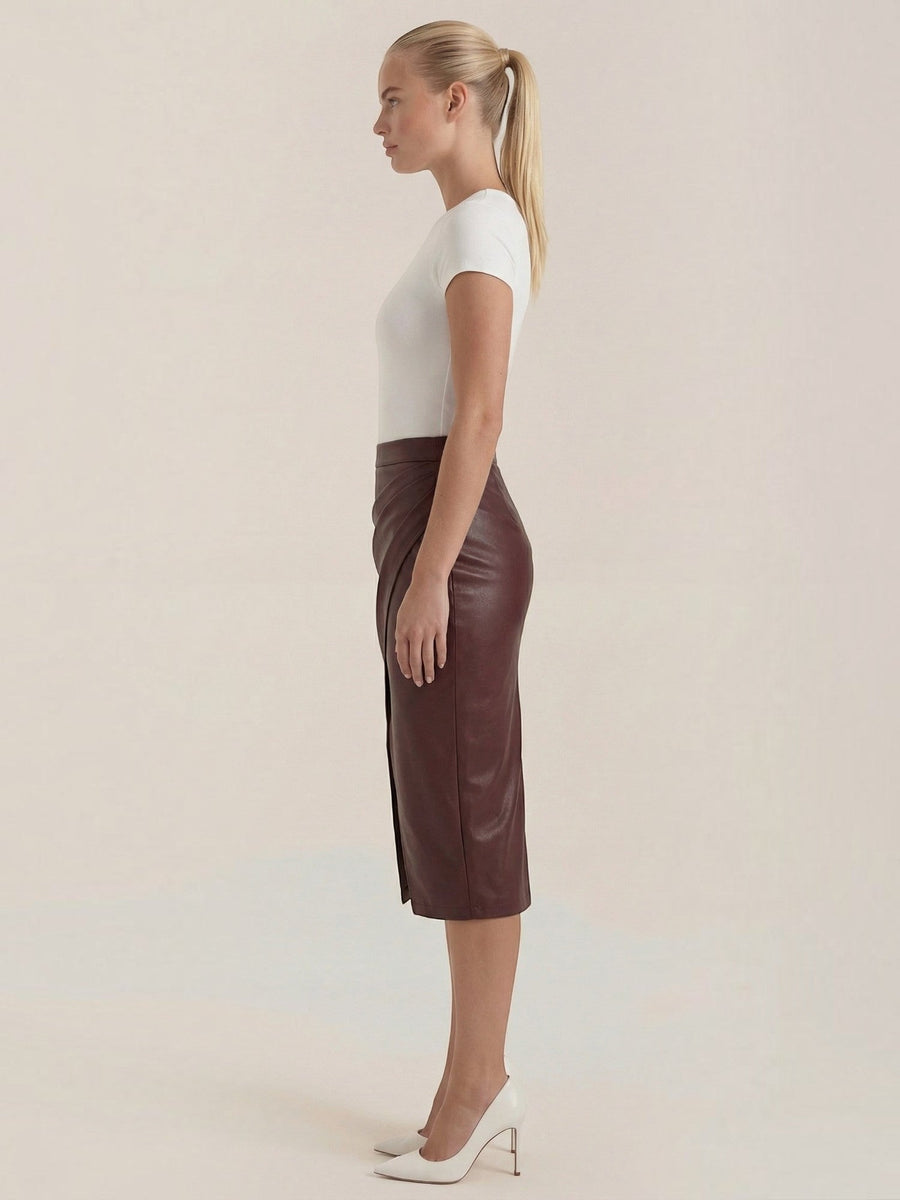 Natalie Faux Leather Wrap Midi Skirt