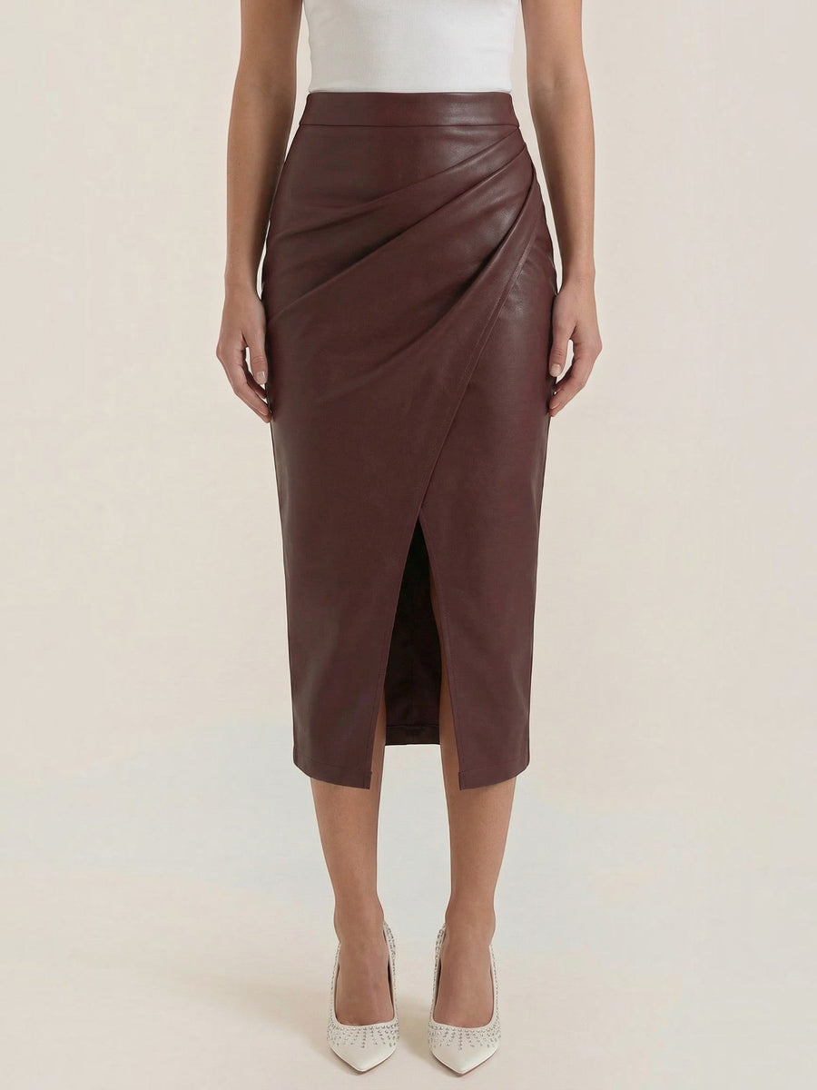 Natalie Faux Leather Wrap Midi Skirt