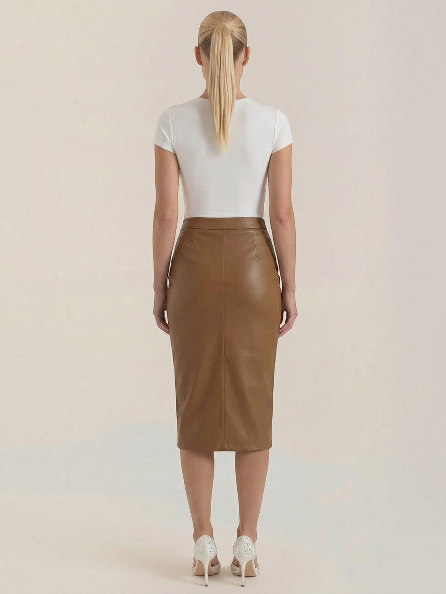 Natalie Faux Leather Wrap Midi Skirt