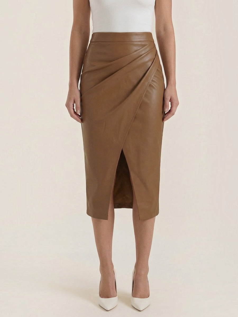 Natalie Faux Leather Wrap Midi Skirt