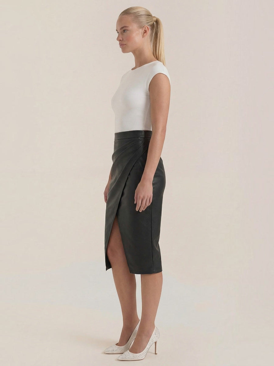 Natalie Faux Leather Wrap Midi Skirt