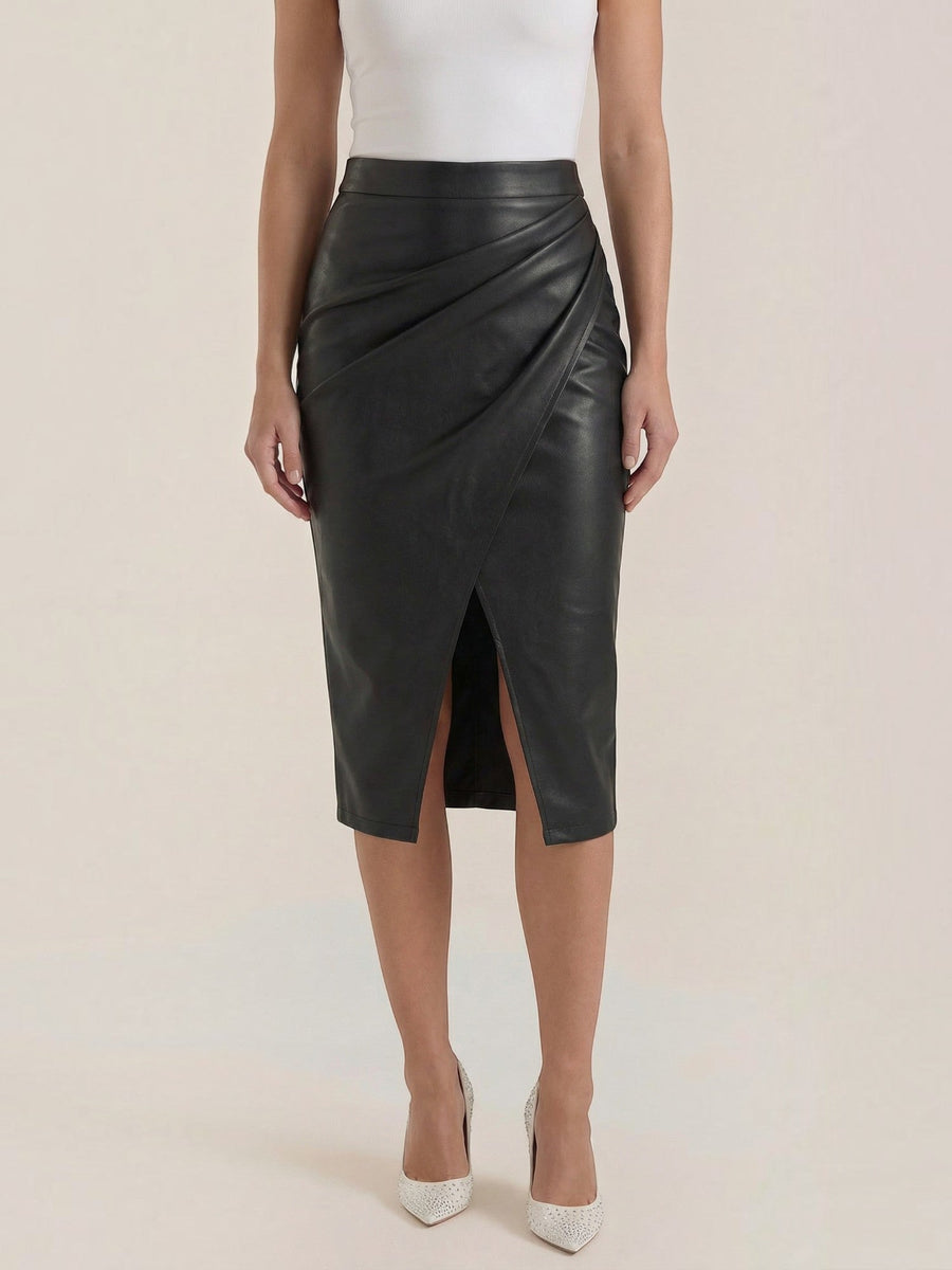 Natalie Faux Leather Wrap Midi Skirt