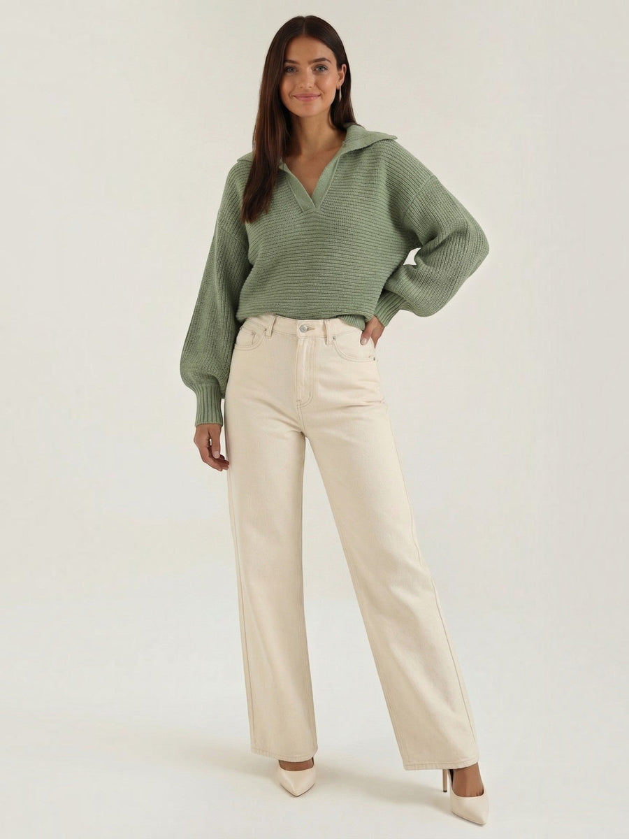 Pauline Polo Collar Balloon Sleeve Sweater