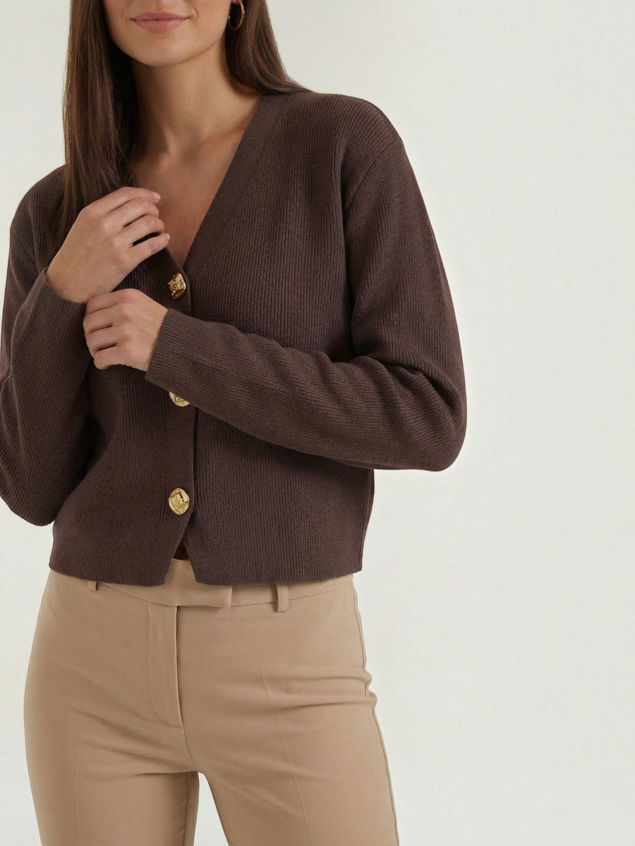 Phyllis Gold Button Cropped V Neck Cardigan