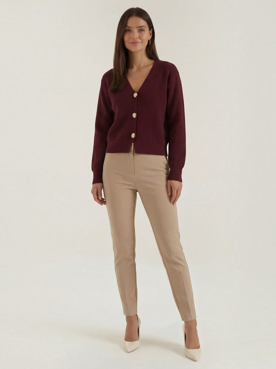 Phyllis Gold Button Cropped V Neck Cardigan