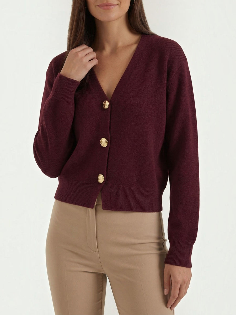 Phyllis Gold Button Cropped V Neck Cardigan