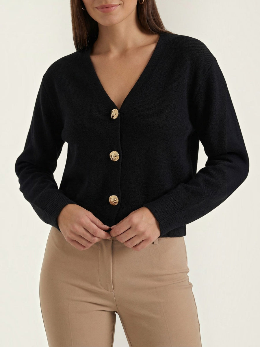 Phyllis Gold Button Cropped V Neck Cardigan