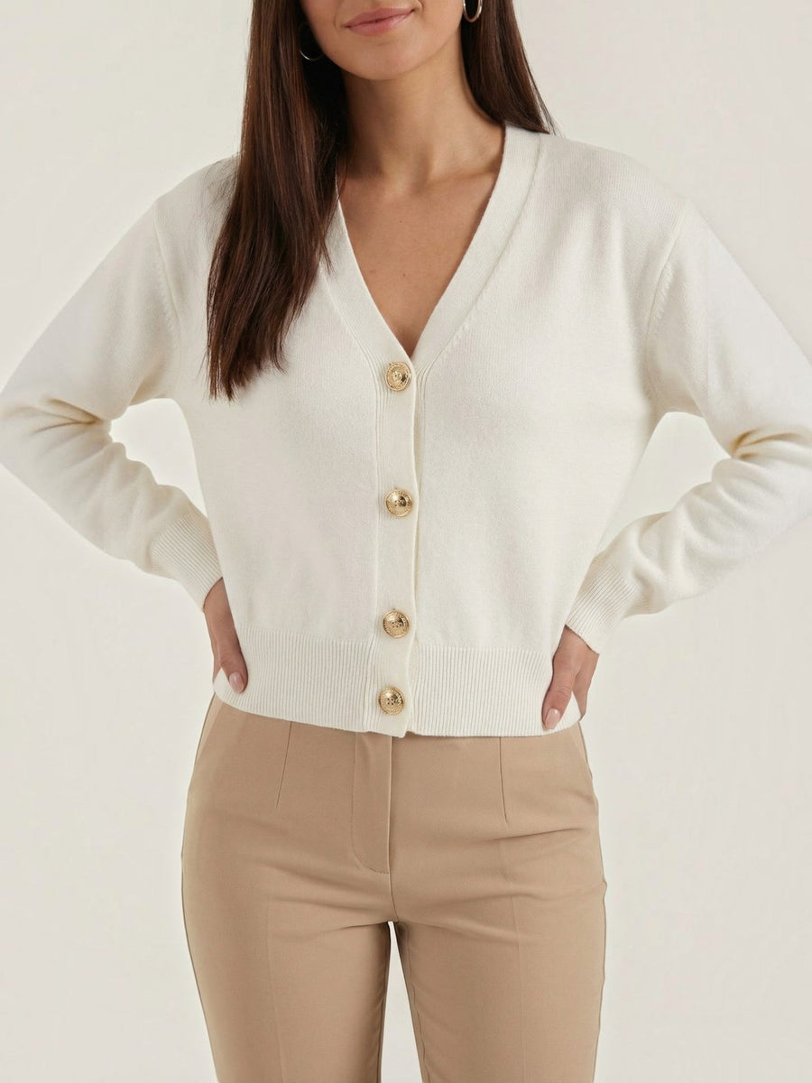 Phyllis Gold Button Cropped V Neck Cardigan