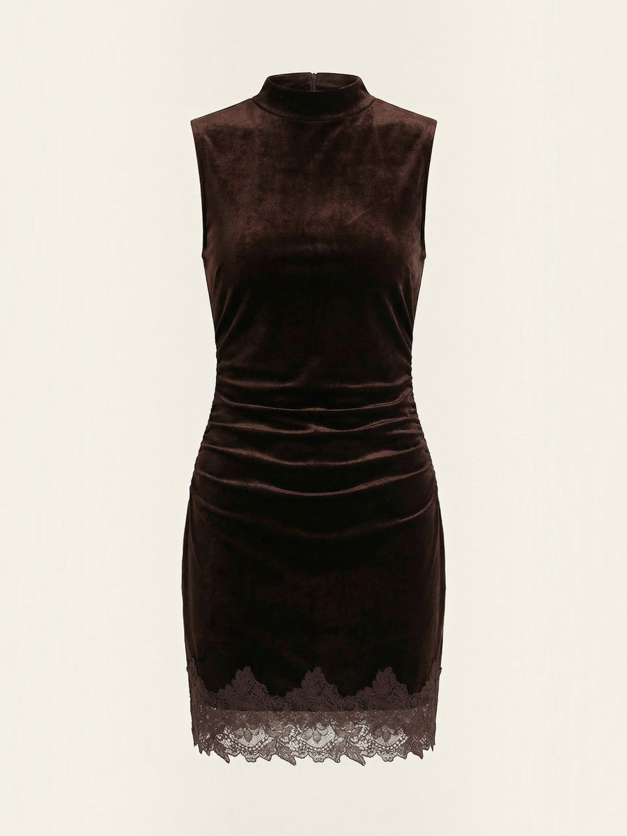 Ramona Velvet Turtleneck Lace Trim Mini Dress