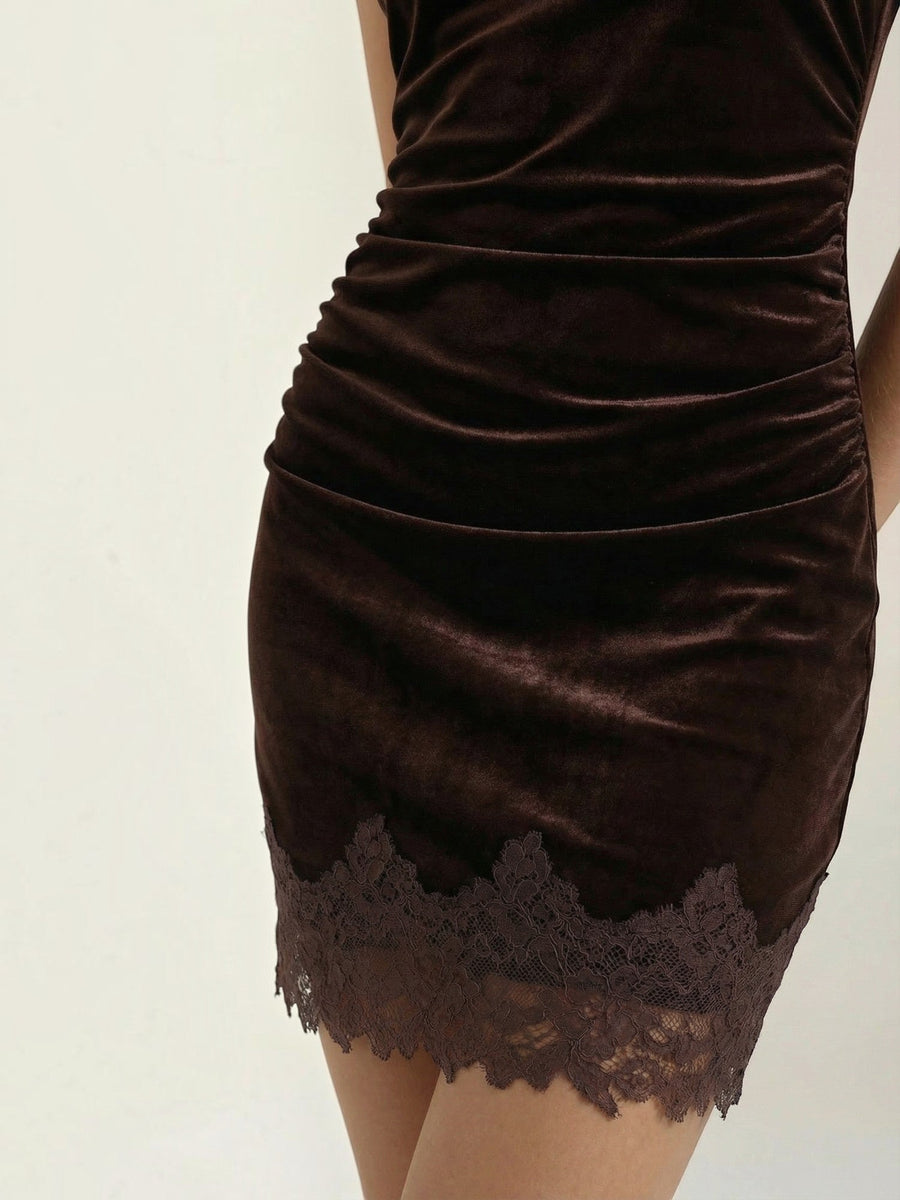 Ramona Velvet Turtleneck Lace Trim Mini Dress