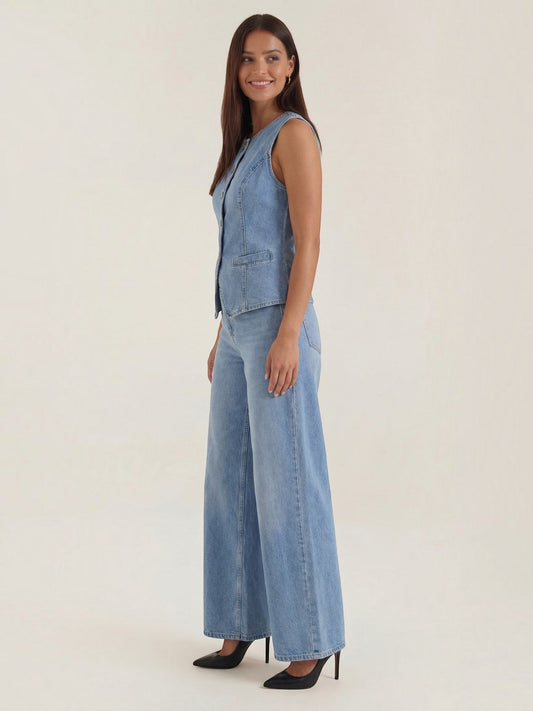 Rhonda Denim Vest and Wide Leg Pants Set