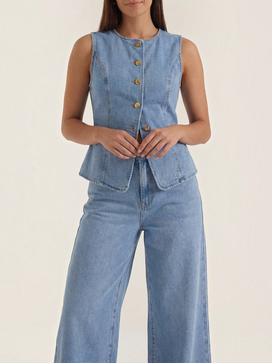 Rhonda Denim Vest and Wide Leg Pants Set