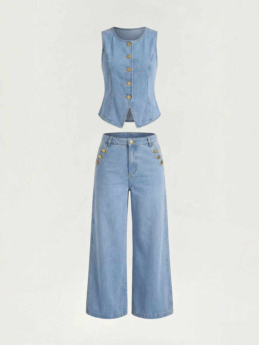 Rhonda Denim Vest and Wide Leg Pants Set