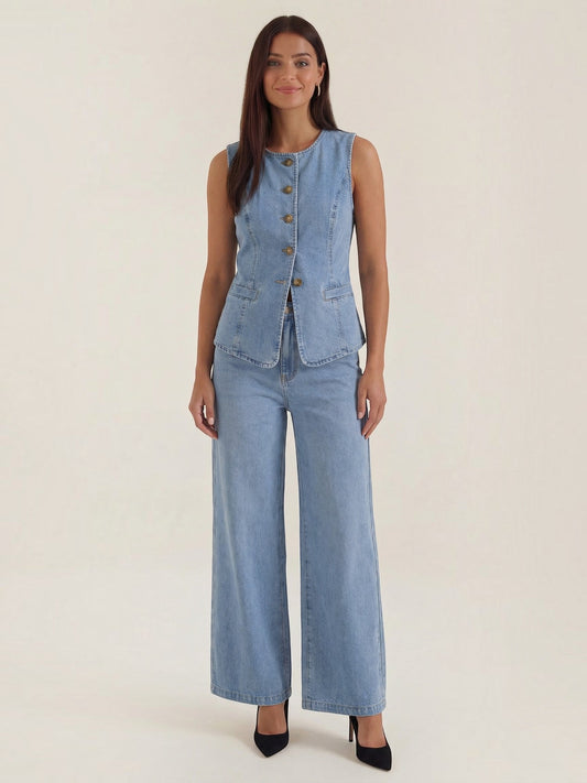 Rhonda Denim Vest and Wide Leg Pants Set