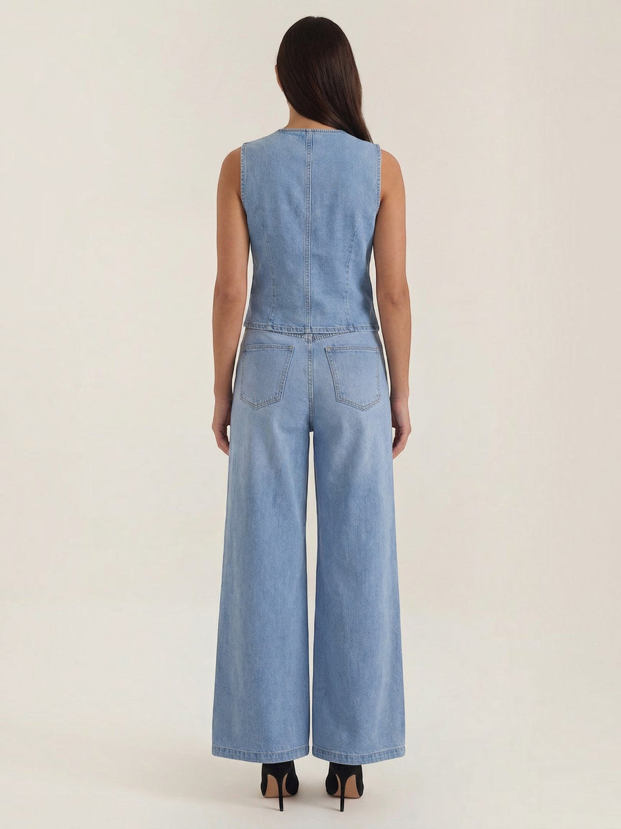 Rhonda Denim Vest and Wide Leg Pants Set