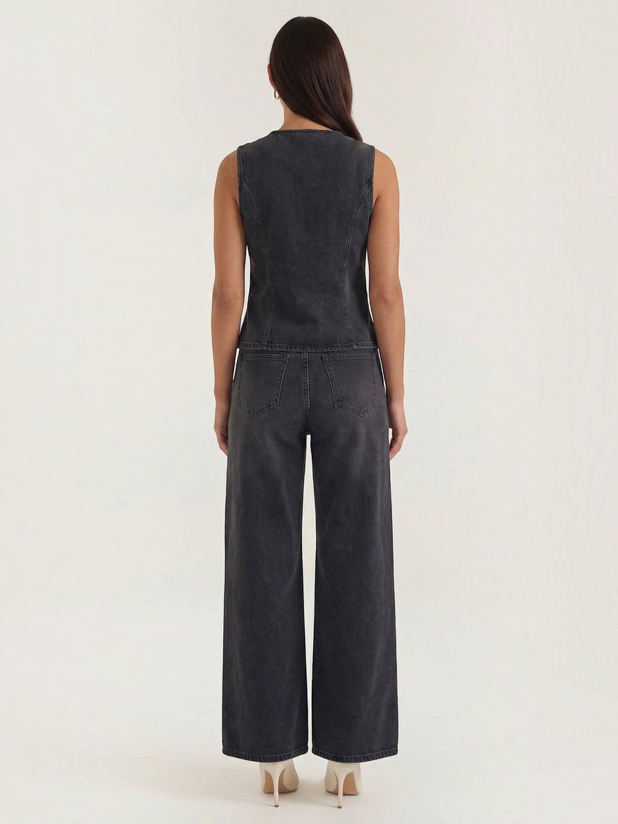 Rhonda Denim Vest and Wide Leg Pants Set