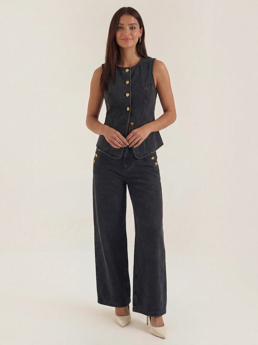 Rhonda Denim Vest and Wide Leg Pants Set