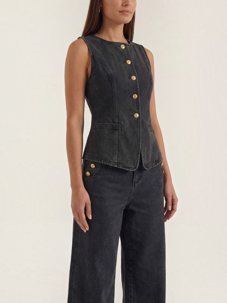 Rhonda Denim Vest and Wide Leg Pants Set