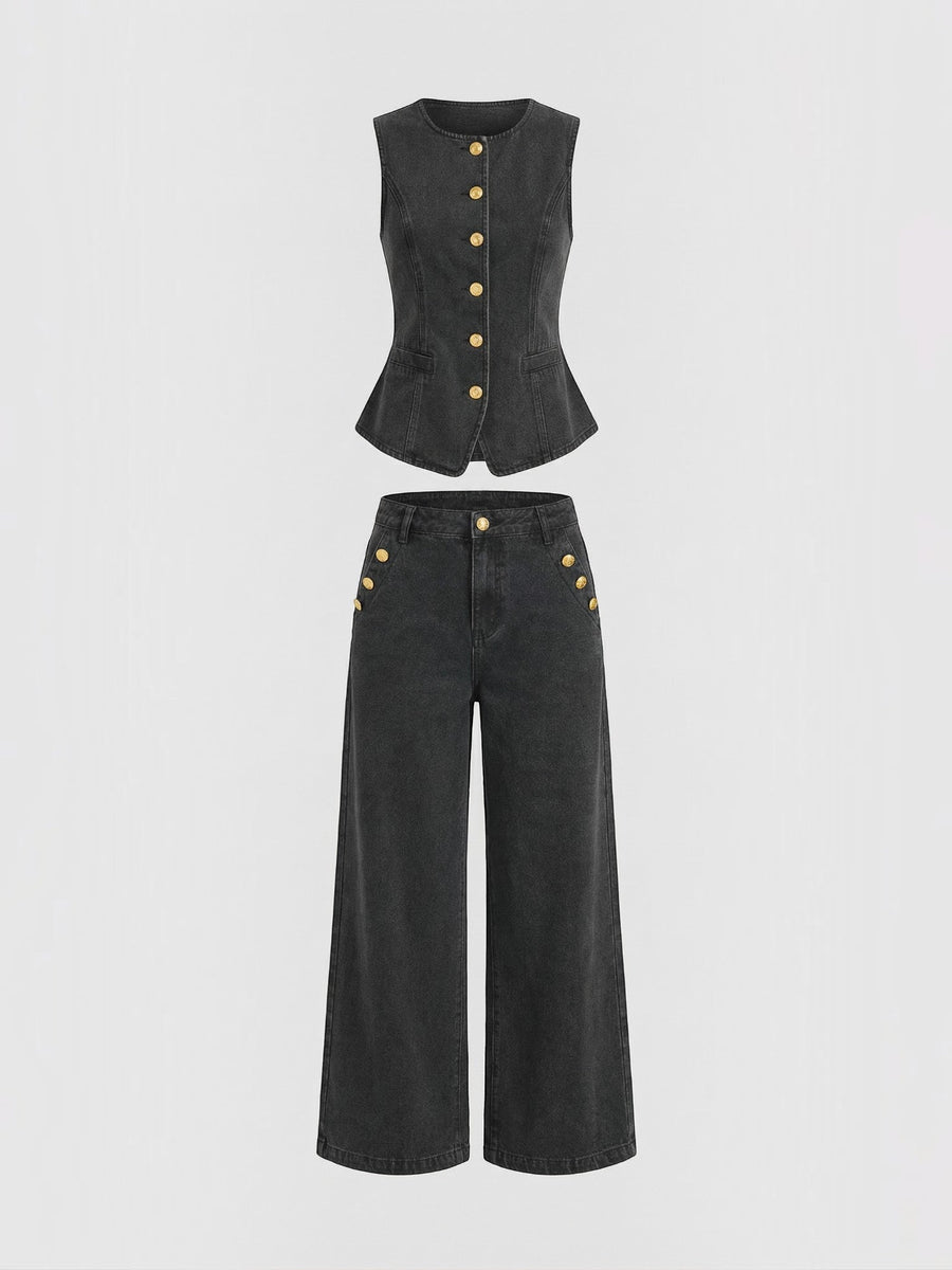 Rhonda Denim Vest and Wide Leg Pants Set