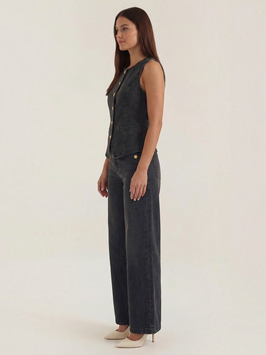 Rhonda Denim Vest and Wide Leg Pants Set