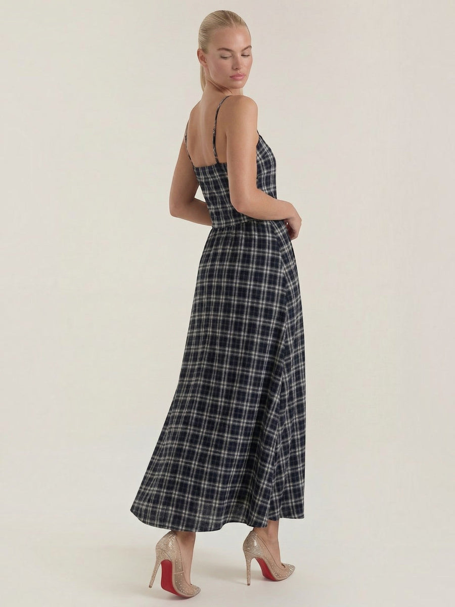 Ronda Gingham Strappy Flared Midi Dress