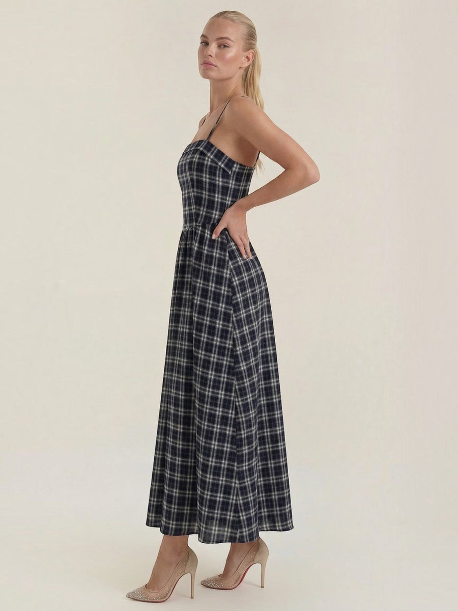 Ronda Gingham Strappy Flared Midi Dress