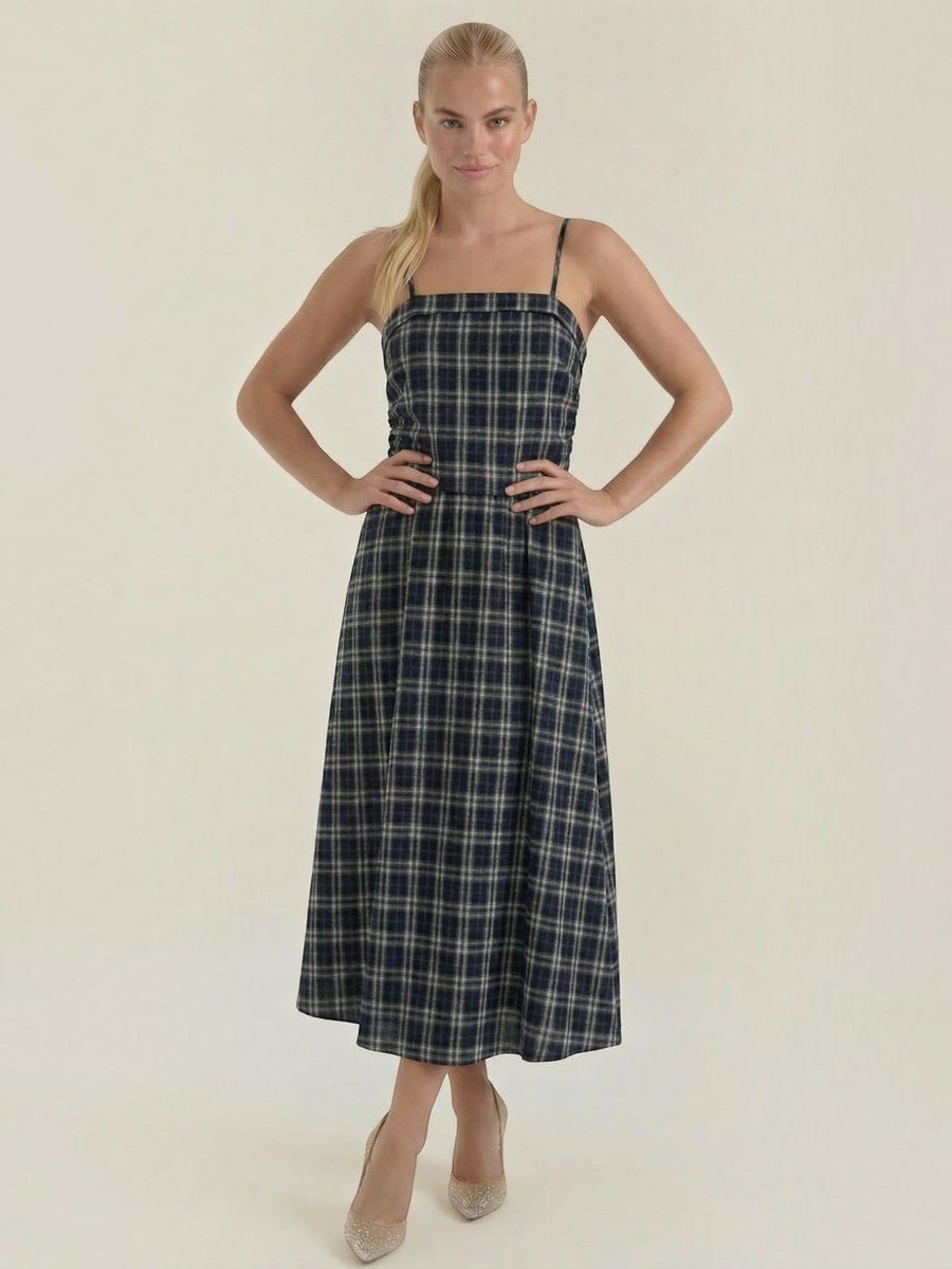 Ronda Gingham Strappy Flared Midi Dress