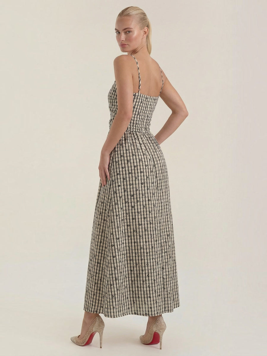 Ronda Gingham Strappy Flared Midi Dress