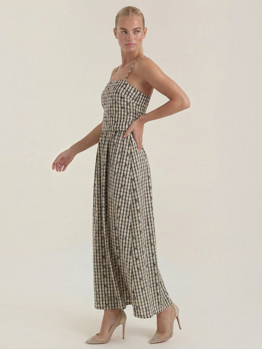 Ronda Gingham Strappy Flared Midi Dress