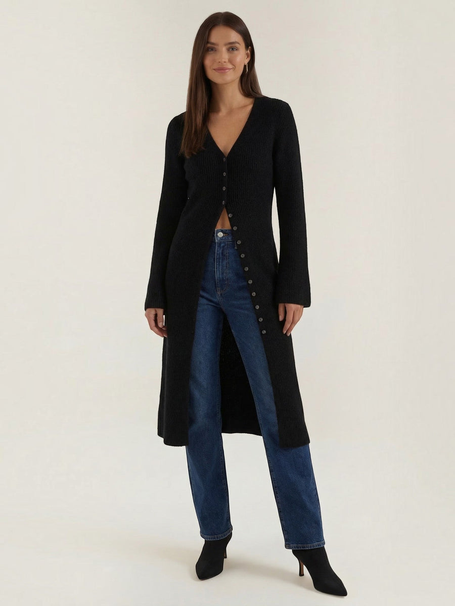 Valerie Ribbed V Neck Maxi Cardigan